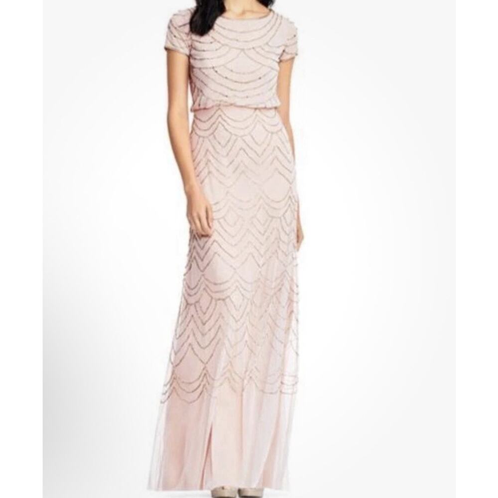 $209 Adrianna Papell Women Pink Beaded Short Sleeve A-Line Gown Dress Size US 8